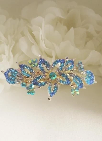 Barrette dorée fleurs cristal bleu